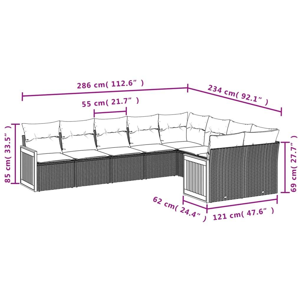 vidaXL 9-teiliges Gartensofa-Set mit Kissen, grau, Polyrattan