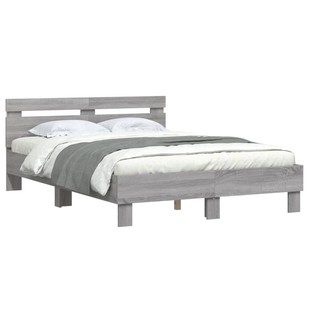 vidaXL Bettgestell mit Kopfteil LED-Beleuchtung Grau Sonoma 135x190 cm