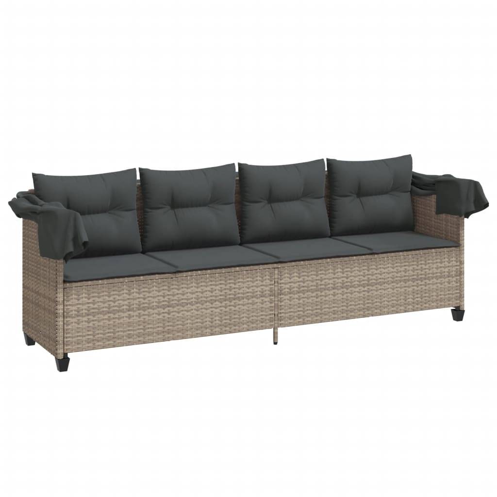 vidaXL Sonnenliege mit Dach und Kissen Hellgrau Poly Rattan