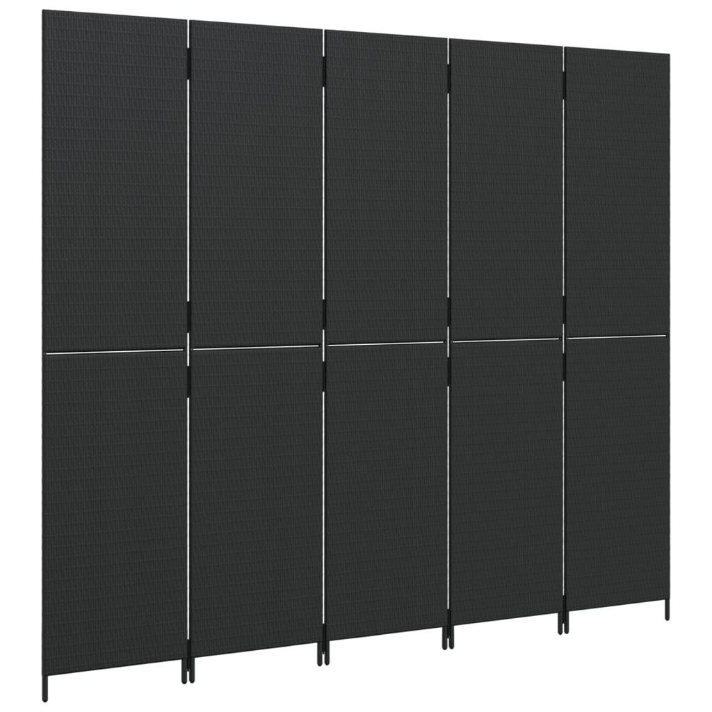 vidaXL Paravent 5-tlg. Schwarz Poly Rattan