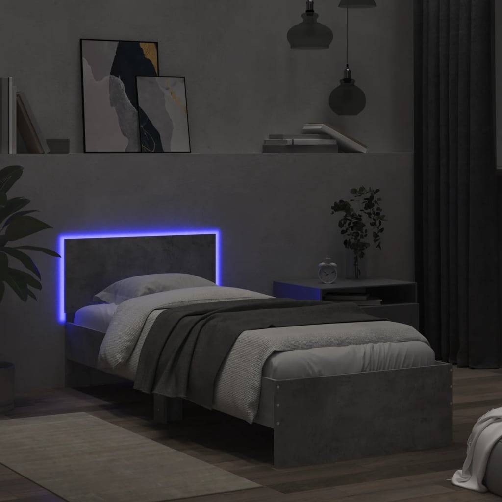 vidaXL Bettgestell mit Kopfteil und LED-Leuchten Betongrau 90x200 cm