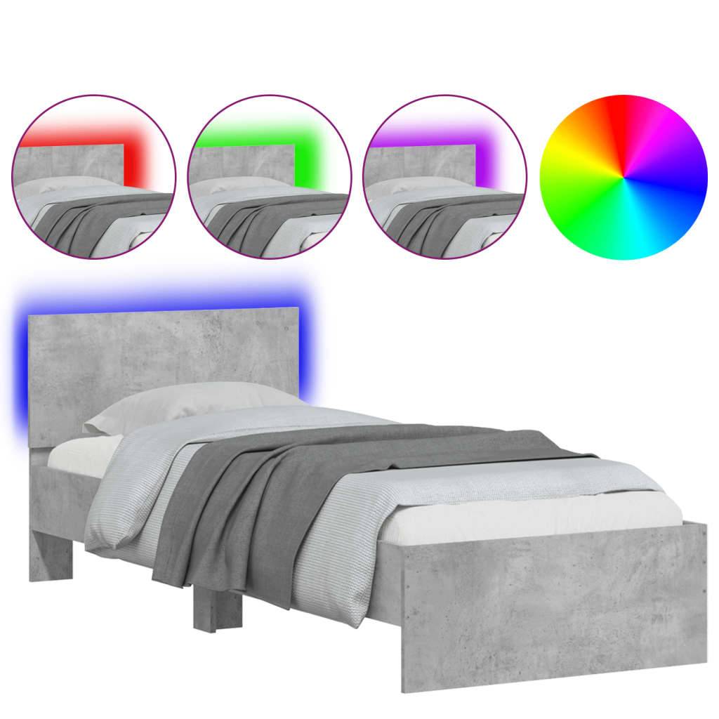 vidaXL Bettgestell mit Kopfteil und LED-Leuchten Betongrau 90x200 cm