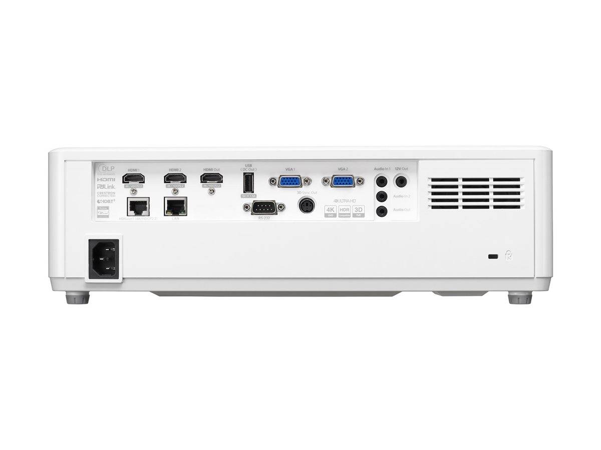 Rückseite eines weißen Projektors mit Stromeingang, HDMI-, USB-, VGA- und Audioanschlüssen sowie Lüftungsöffnungen.