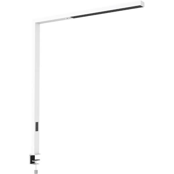 Minimalistische weiße LED-Schreibtischleuchte mit einer langen horizontalen Lichtleiste und vertikaler Stütze, gezeigt auf schllichtem Hintergrund.