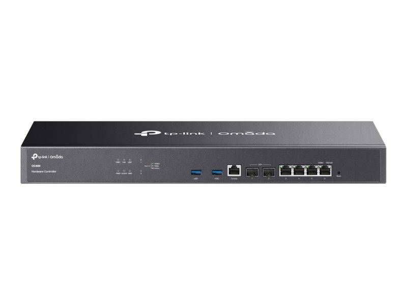 Frontansicht eines Netzwerk-Switches mit mehreren Ports und LED-Anzeigen, beschriftet mit 'tp-link Omada', ausgelegt für Unternehmensnetzwerke.