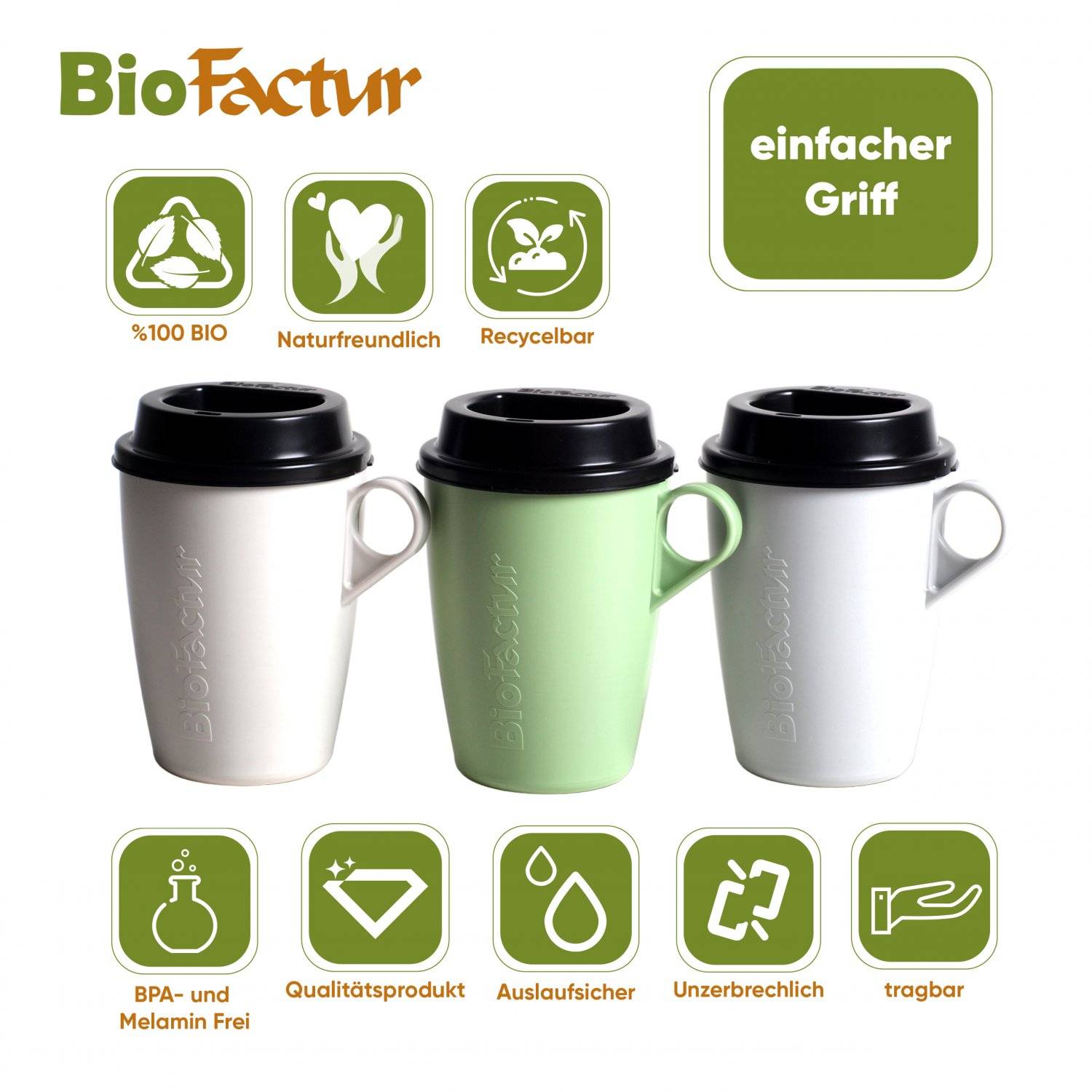 Biofactur Kaffeebecher to go, Coffee-to-go Becher mit auslaufsicherem Deckel, 350 ml - Grün