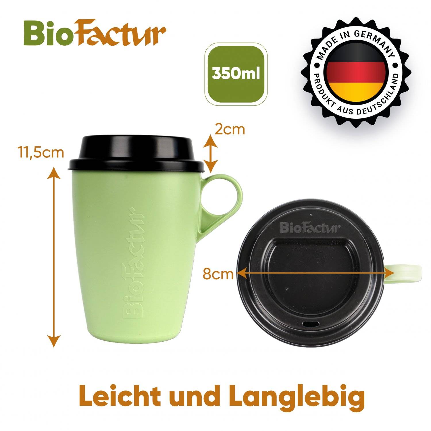 Biofactur Kaffeebecher to go, Coffee-to-go Becher mit auslaufsicherem Deckel, 350 ml - Grün