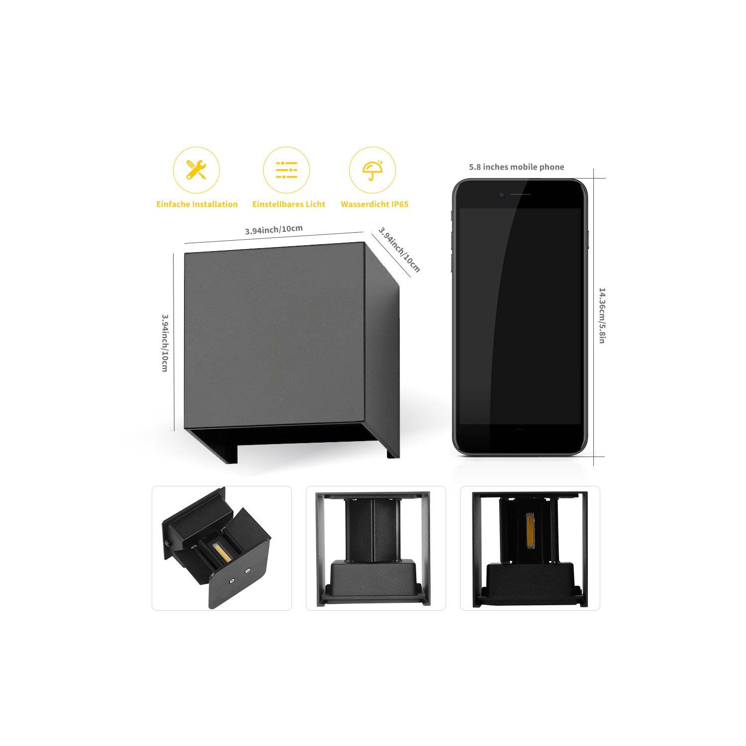 Optimumx LED Wandleuchten Innen/Außen 12W Innen Auf und ab Einstellbarer Lichtstrahl 3000K Warmweiß IP65 Schwarz, 8er