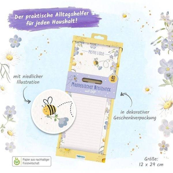 Trötsch Notizblock mit Stift und Magnet Bienchen