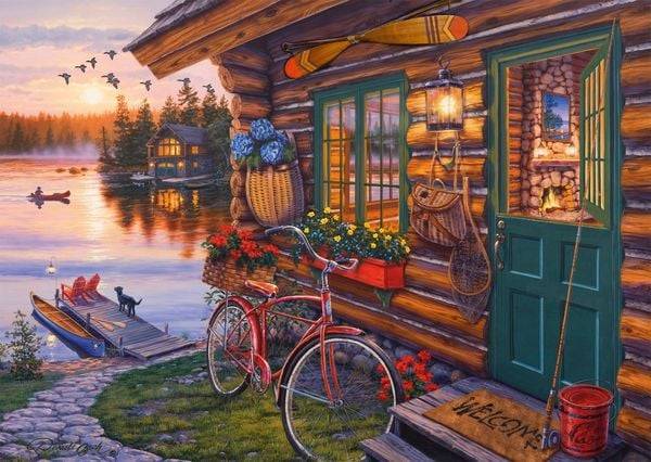 Schmidt 58531 - Darrel Bush, Seehütte mit Fahrrad, Puzzle, 1000 Teile