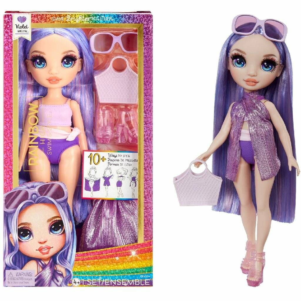 Modepuppe mit violetten Haaren, gezeigt in der Verpackung und außerhalb der Verpackung gekleidet, mit Sonnenbrille, Handtasche, violettem Outfit und mitgeliefertem Zubehör.