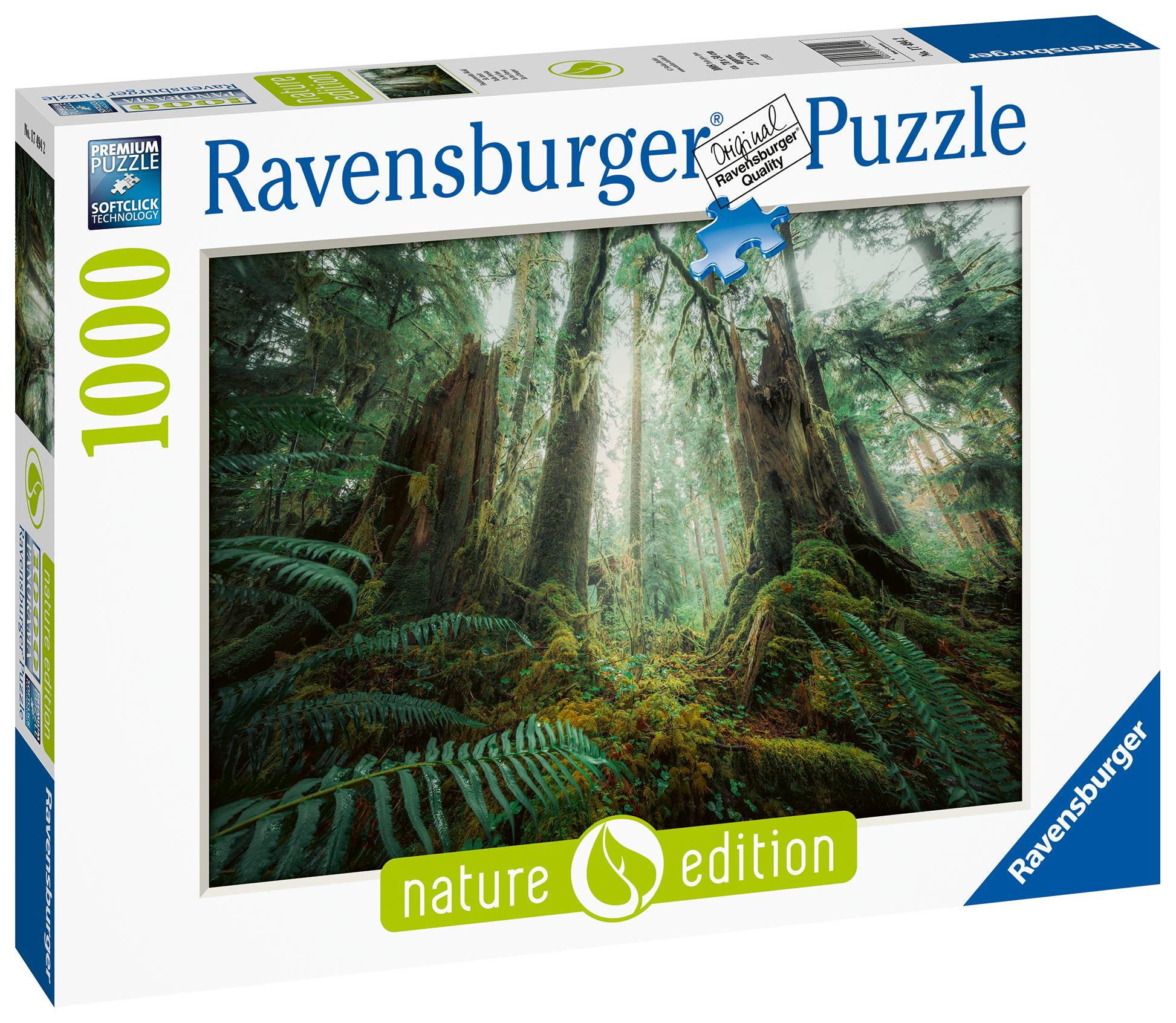 Ravensburger 1000er Natur-Edition Puzzle mit üppiger grüner Regenwaldszene mit hohen Bäumen und Farnen auf der Schachtel.