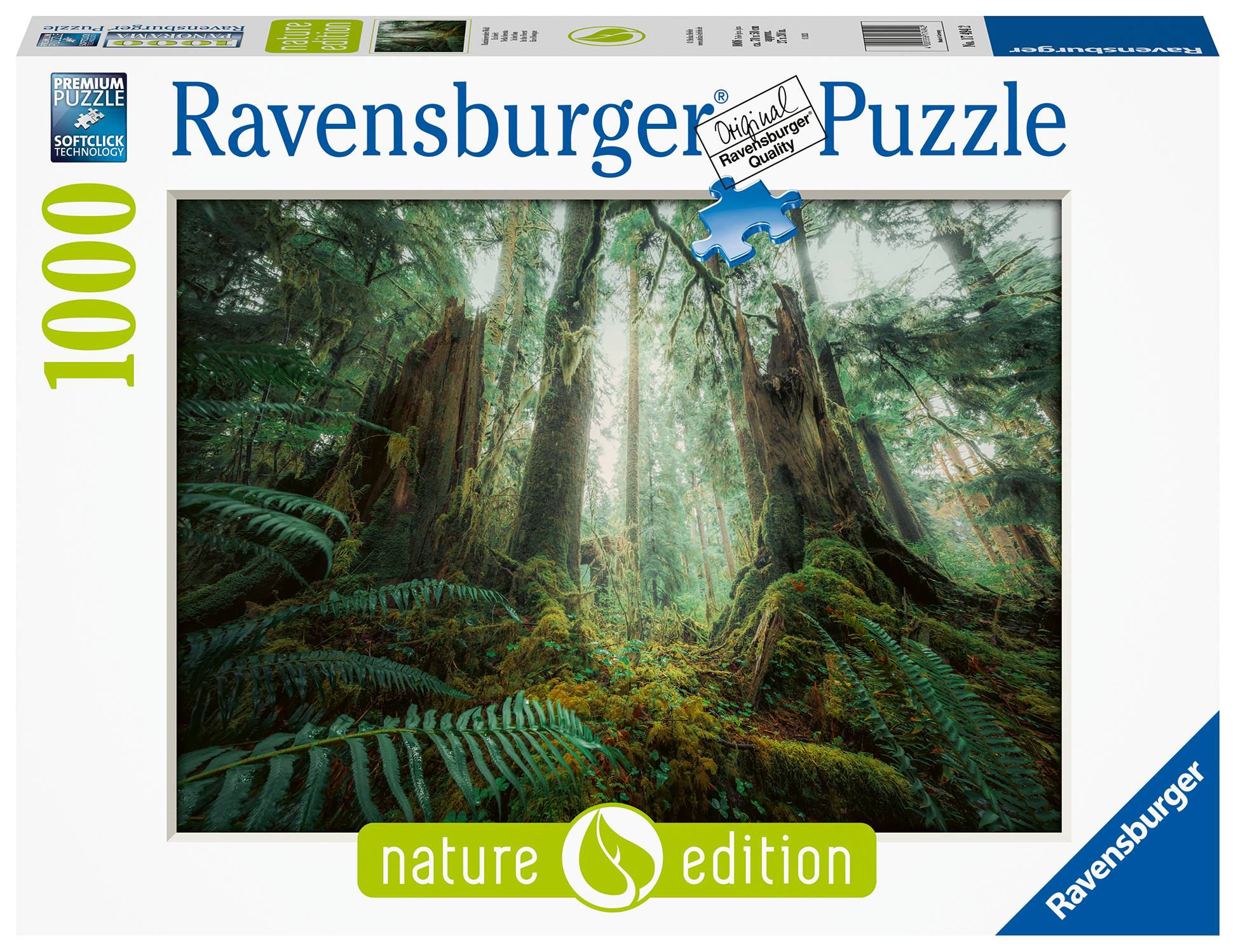 Ravensburger 1000er-Teile-Puzzle der "Naturausgabe"" mit einer nebligen Regenwaldszene mit hohen Bäumen und dichten grünen Farnen.