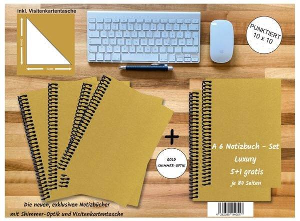 A 6 Notizbuch - Set, 4+2 gratis, Luxury 80 Seiten GOLD GMUND SHIMMER, punktiert 10x10mm