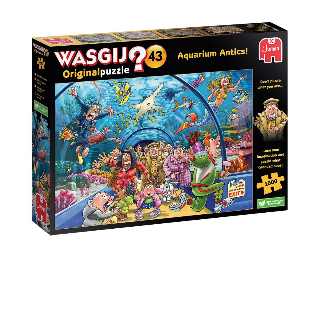 Schachtel eines 1000-teiligen Wasgij Original-Puzzles mit dem Titel „Aquarium Antics!