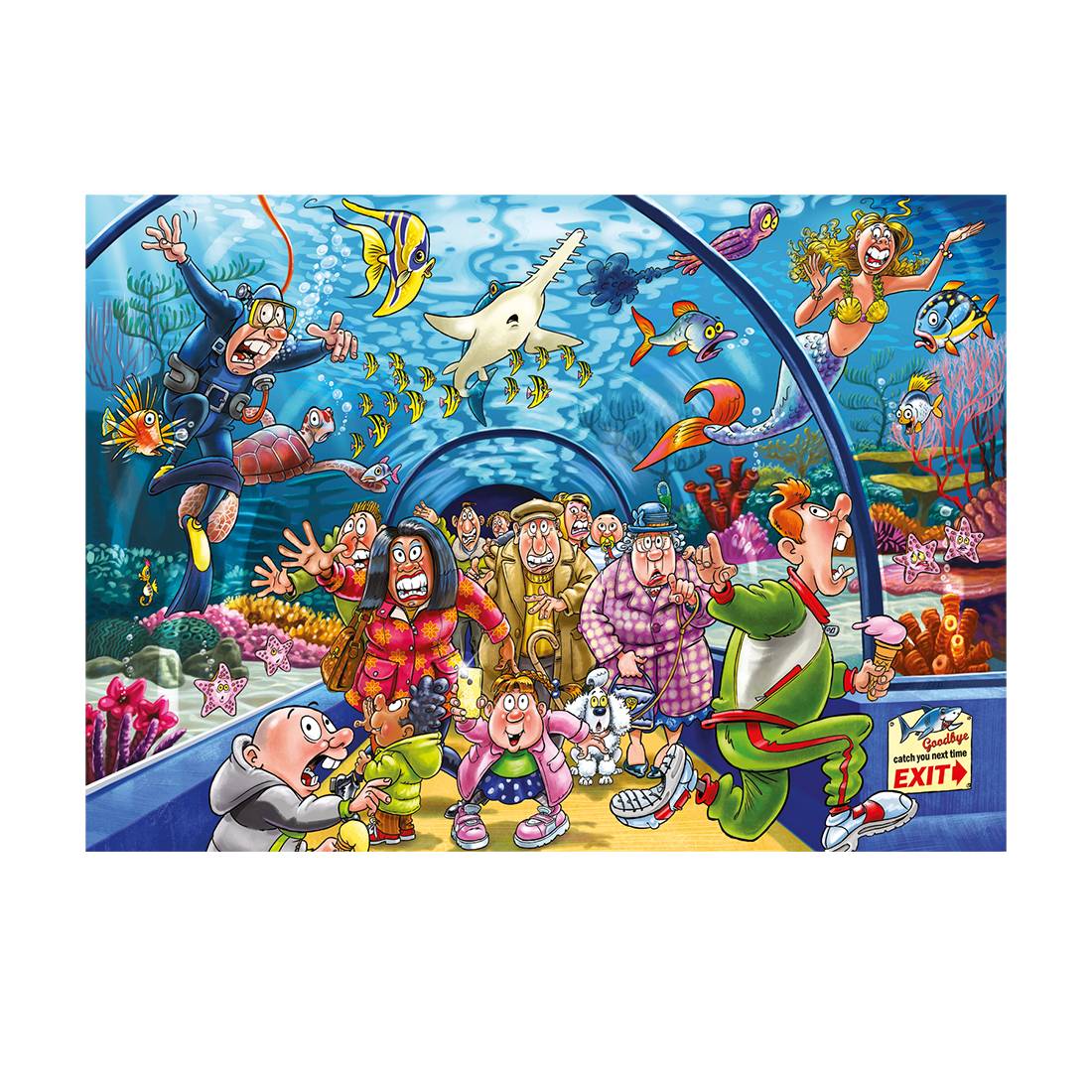 Karikatur einer Unterwasserszenerie mit Tauchern und einer Meerjungfrau um verängstigte Touristen in einem Tunnelaquarium herum, mit bunten Fischen und einem Hai über ihnen.