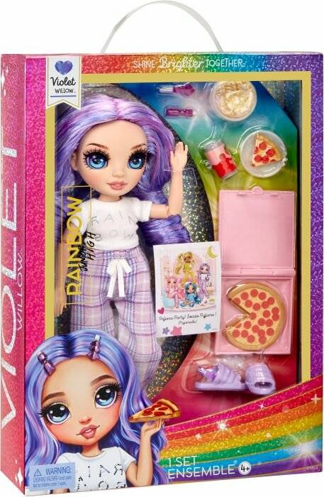 Rainbow High 'Violet Willow' Modepuppen-Geschenkset in Box, mit Puppe, zusätzlichem Outfit, Schuhen, Pizzastücken und Zubehör.