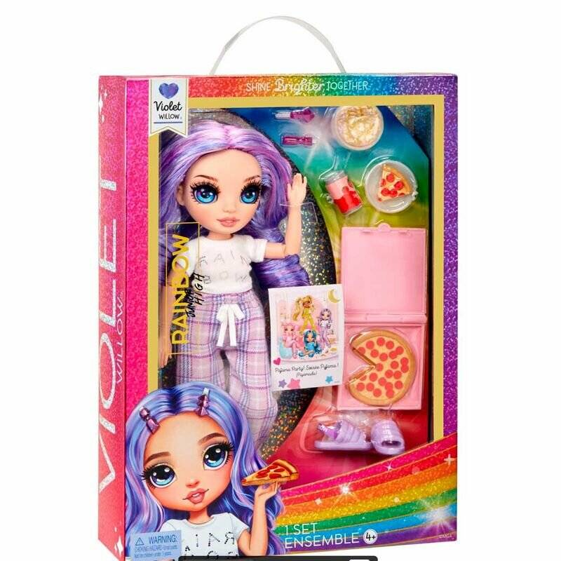 Verpackte Rainbow High Modepuppe mit violettem Haar, Outfit, Zubehör und „Notiz: Willow