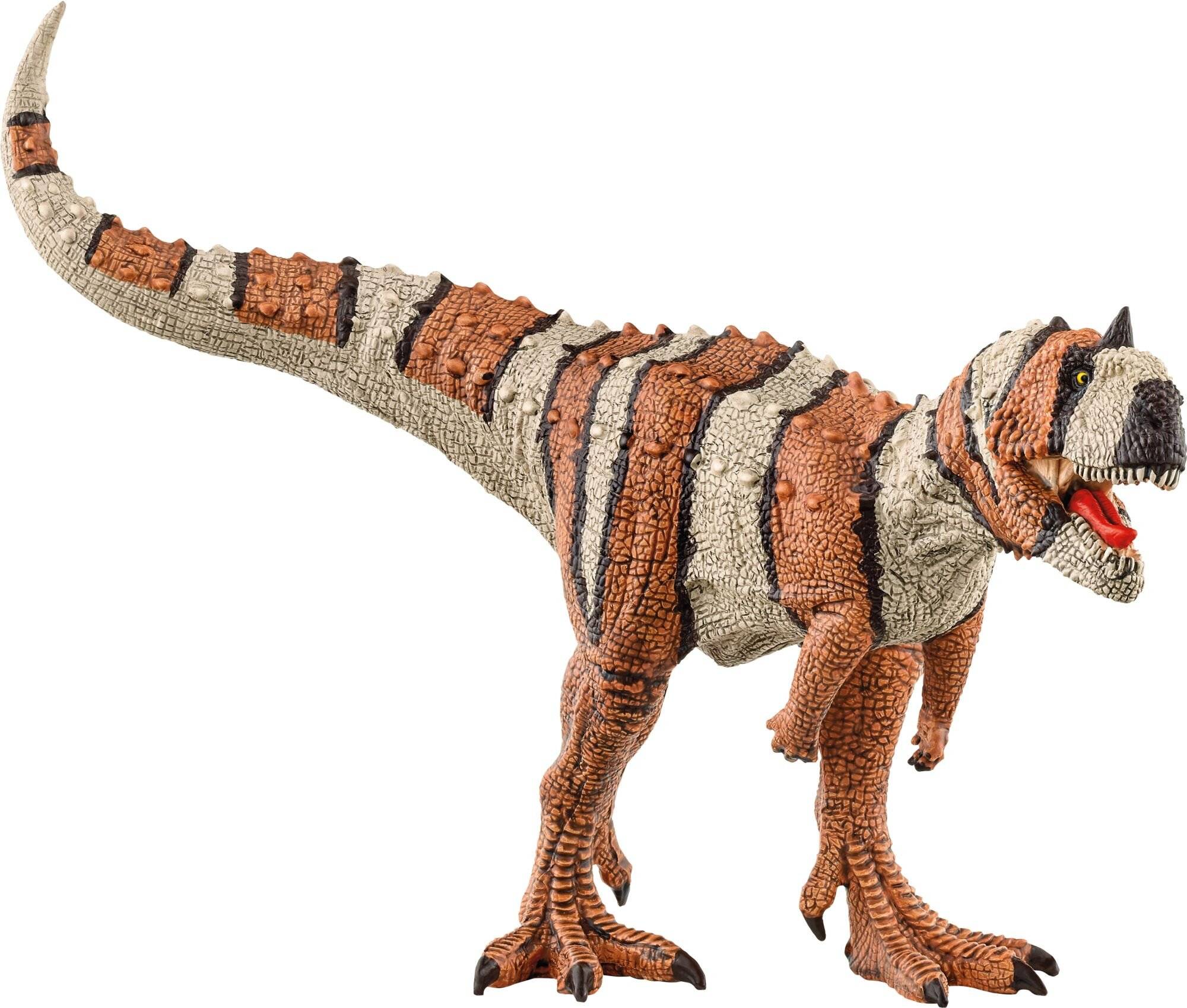 Ein Spielzeugmodell eines gestreiften gehörnten Dinosauriers, der im Profil mit offenem Maul vor einem einfachen weißen Hintergrund steht.