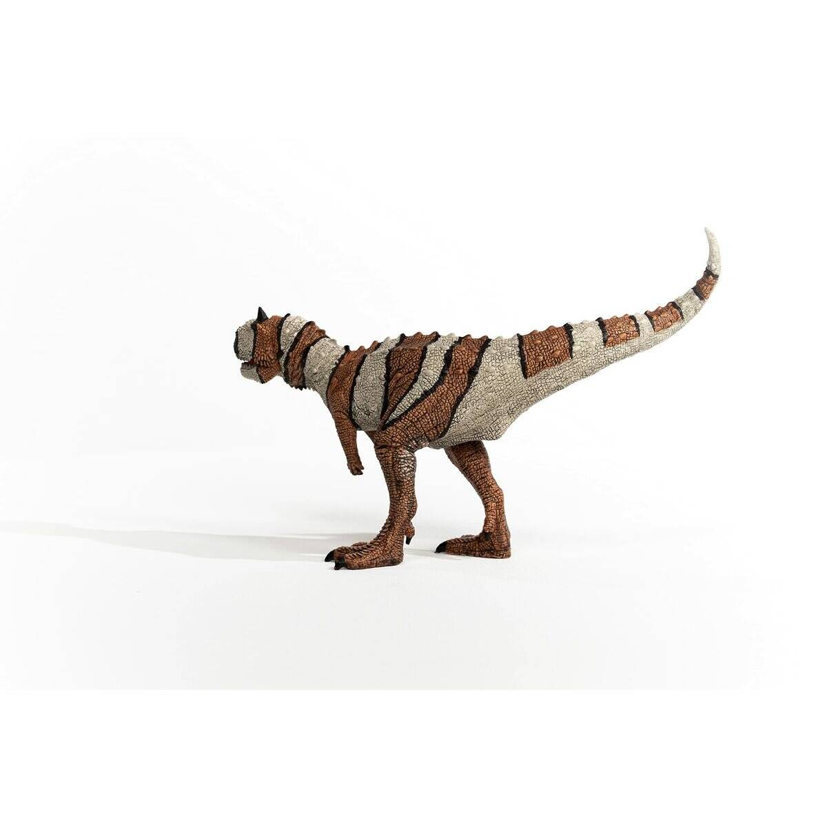 Eine strukturierte Dinosaurier-Figur in Seitenansicht, stehend auf weißem Hintergrund mit erhobenem Schwanz.