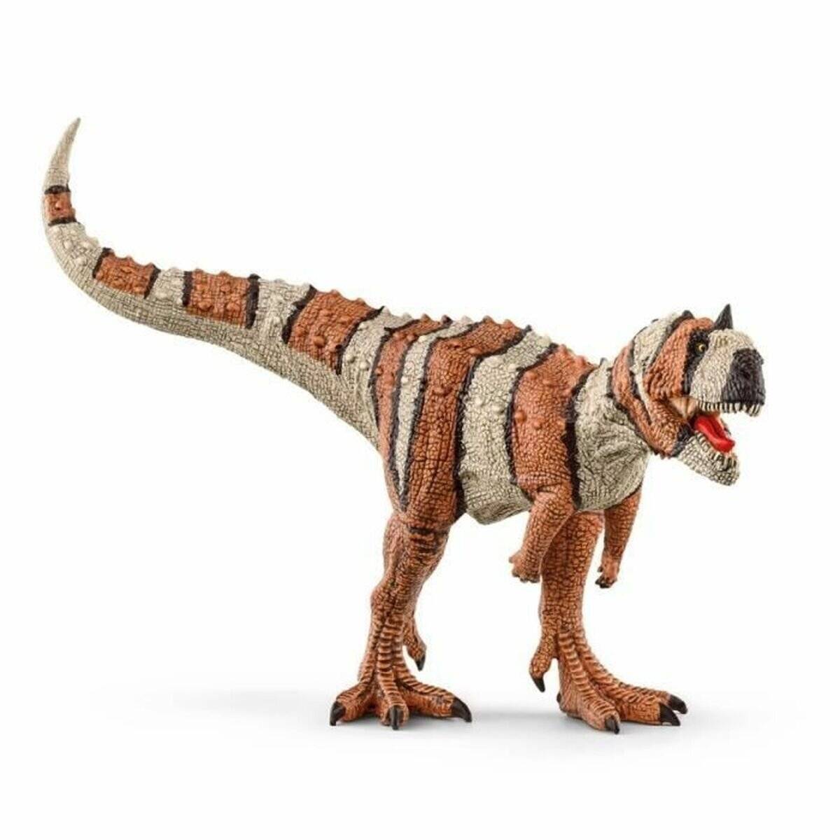 Gestreifte Spielzeug-Dinosaurier-Figur, die sich im Profil auf weißem Hintergrund mit offenem Maul und erhobener Schwanz befindet.