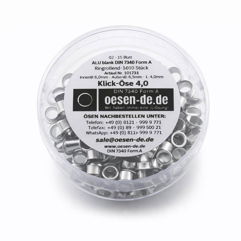 Klick-Öse 4.0, ALU blank DIN 7340 Form A, Ring-Bestellung: 1010 Stück. Kontaktdaten für Bestellung.