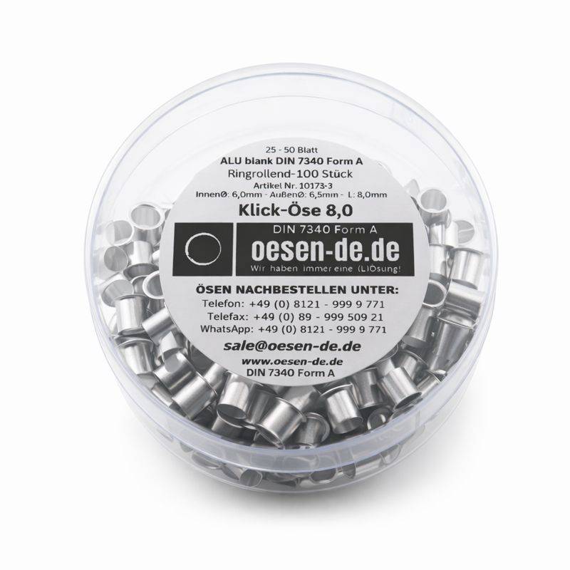 Klick-Öse 8.0, DIN 7340 Form A, ein runder Behälter mit silbernen Metallringen, Kontaktinformationen zur Bestellung sind nachstehend aufgeführt.