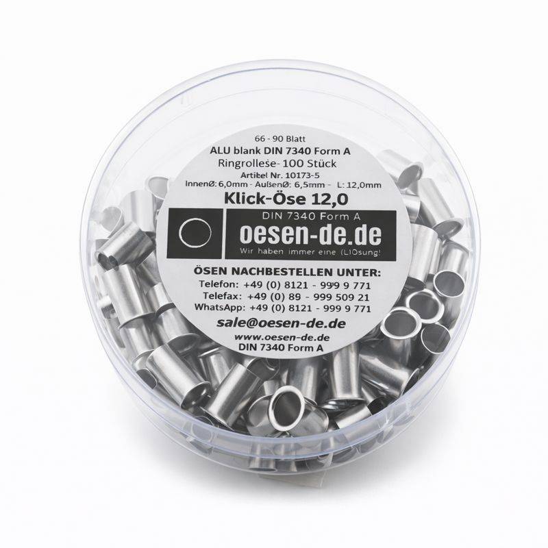Klick-Öse 12.0' Aluminium-Blindnieten in einem transparenten Behälter. Enthält Kontaktinformationen: Telefon, WhatsApp und E-Mail zur Nachbestellung.
