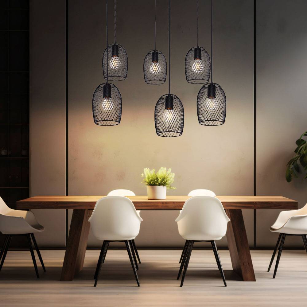 Pendelleuchte 6 flammig Esstischleuchte Retro Hängelampe Wohnzimmer Industriell, Metall schwarz, 6x E27 Fassungen, DxH 75x150 cm