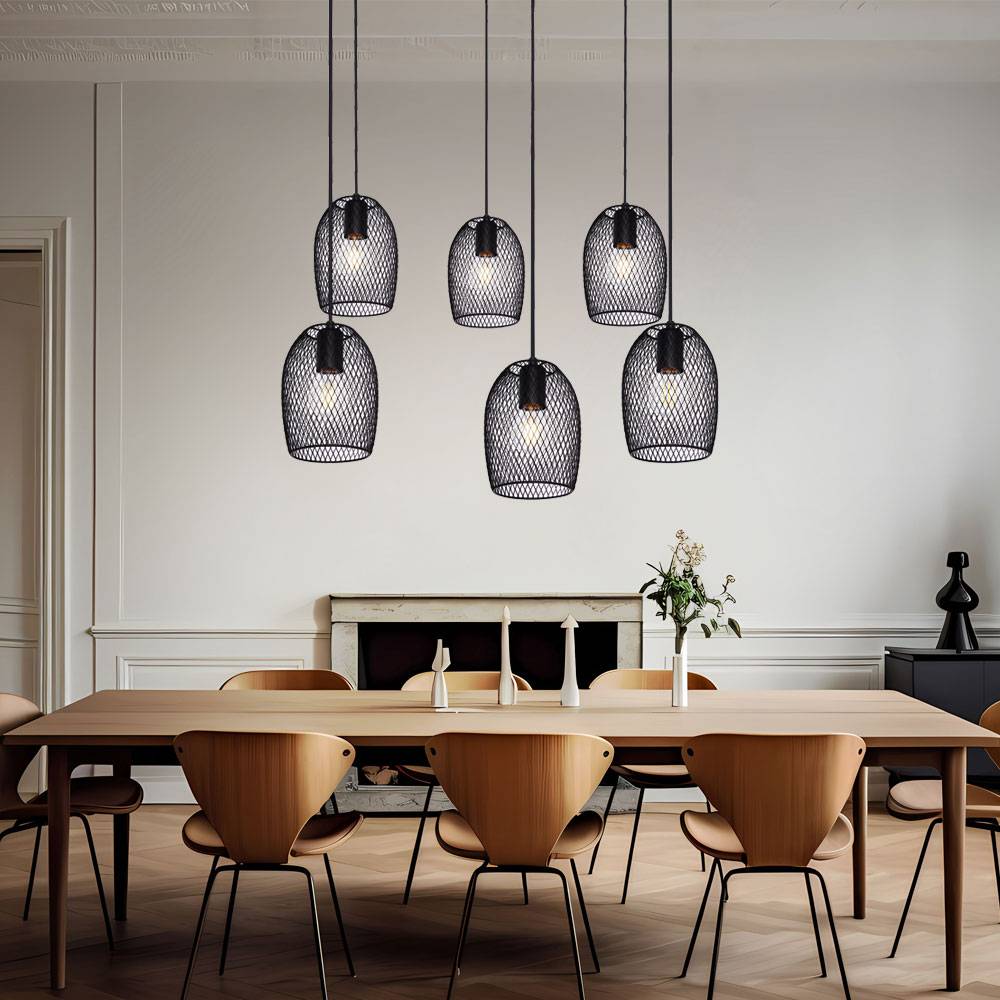 Pendelleuchte 6 flammig Esstischleuchte Retro Hängelampe Wohnzimmer Industriell, Metall schwarz, 6x E27 Fassungen, DxH 75x150 cm