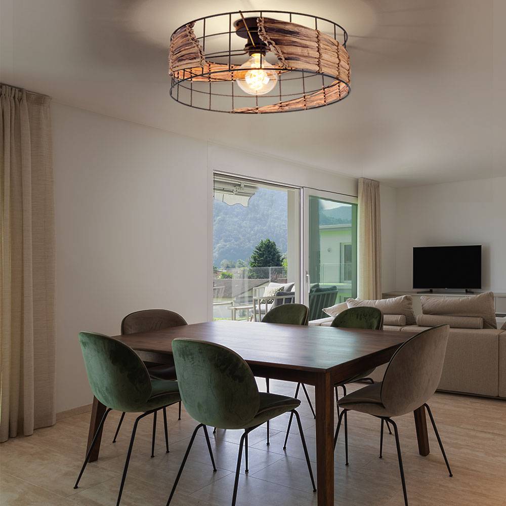 Deckenlampe schwarz Metall rund Deckenleuchte schwarz Küche Wohnzimmerlampe Decke Modern, Grasgeflecht Gitter, E27 Fassung, DxH 40x18 cm