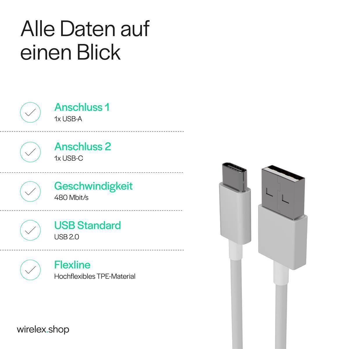 Flexline USB Kabel, USB-A Stecker auf USB-C Stecker, 2.0, ABS, weiß, 2,0m