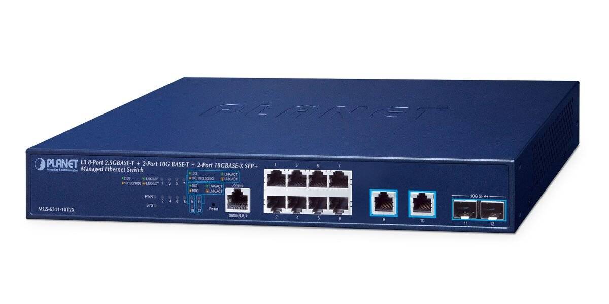 Blue PLANET verwalteter Ethernet-Switch mit mehreren RJ45-Anschlüssen und zwei SFP-Uplink-Anschlüssen auf der Frontplatte.