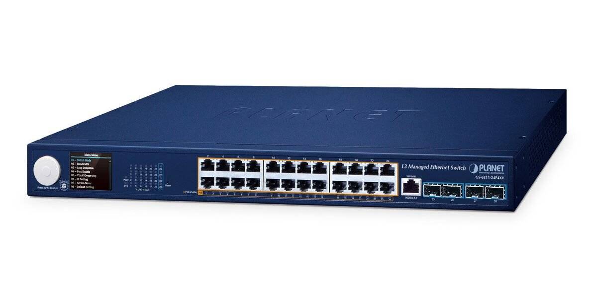 Vorderansicht eines blauen PLANET 24-Port-Ethernet-Switches mit Reihen von Netzwerk-Ports und Statusleuchten auf weißem Hintergrund