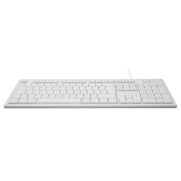 Weiße kabellose Computertastatur auf einem einfachen Hintergrund, von oben betrachtet, mit einem Kabel oder einer Antenne, die sich von der Rückseite erstreckt.
