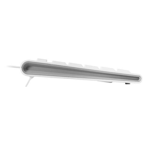 Schmale, weiße, an der Wand montierte lineare LED-Leuchte, gezeigt in der Seitenansicht auf einem einfachen Hintergrund.