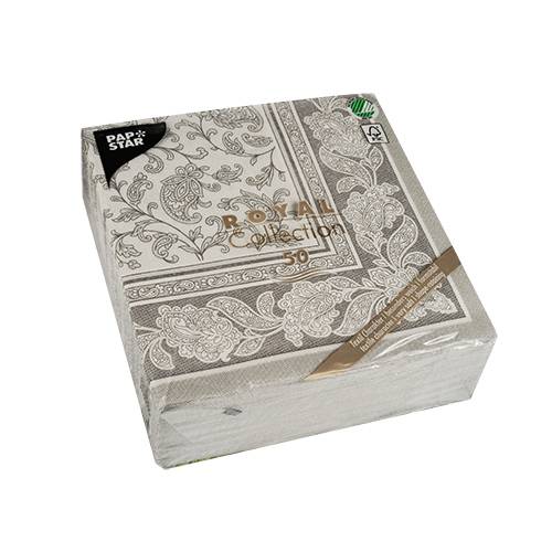 50 Servietten "ROYAL Collection" 1/4-Falz 40 cm x 40 cm grau "Ornaments". Material: Tissue. Farbe: grau