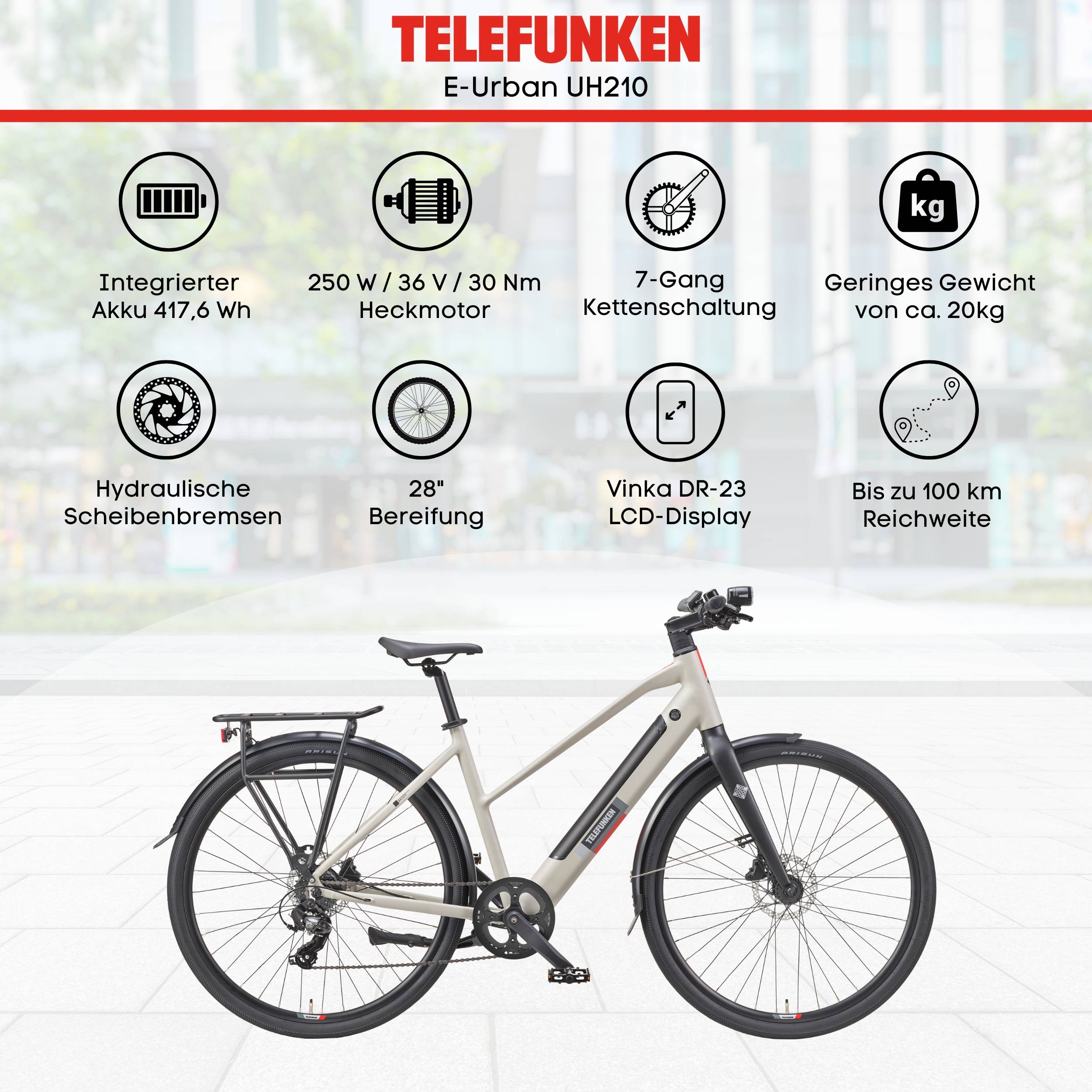 Telefunken Urban E-Bike Damen UH210 28 Zoll Hinterradmotor 7-Gang Kettenschaltung