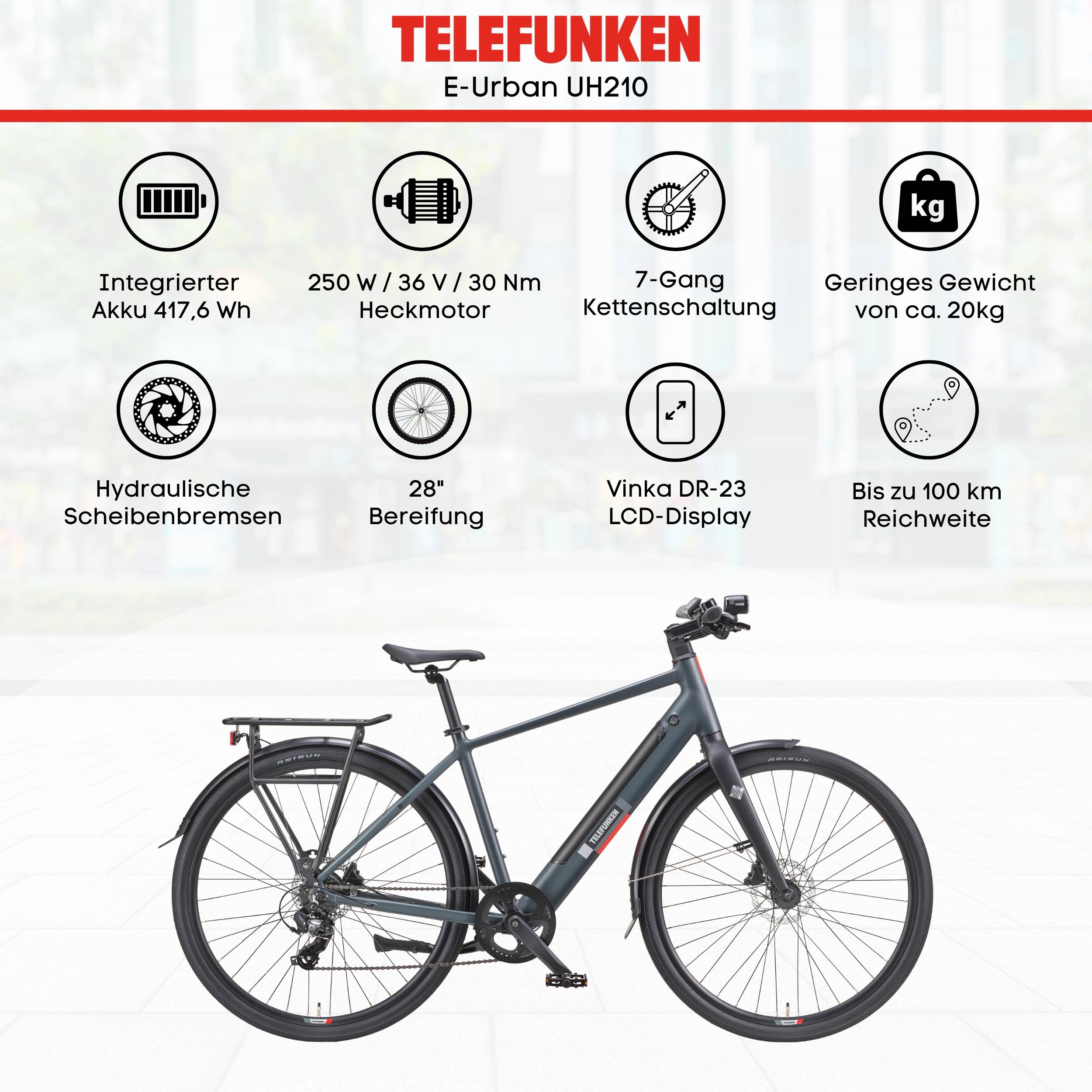 Telefunken Urban E-Bike Herren UH210 28 Zoll Hinterradmotor 7-Gang Kettenschaltung