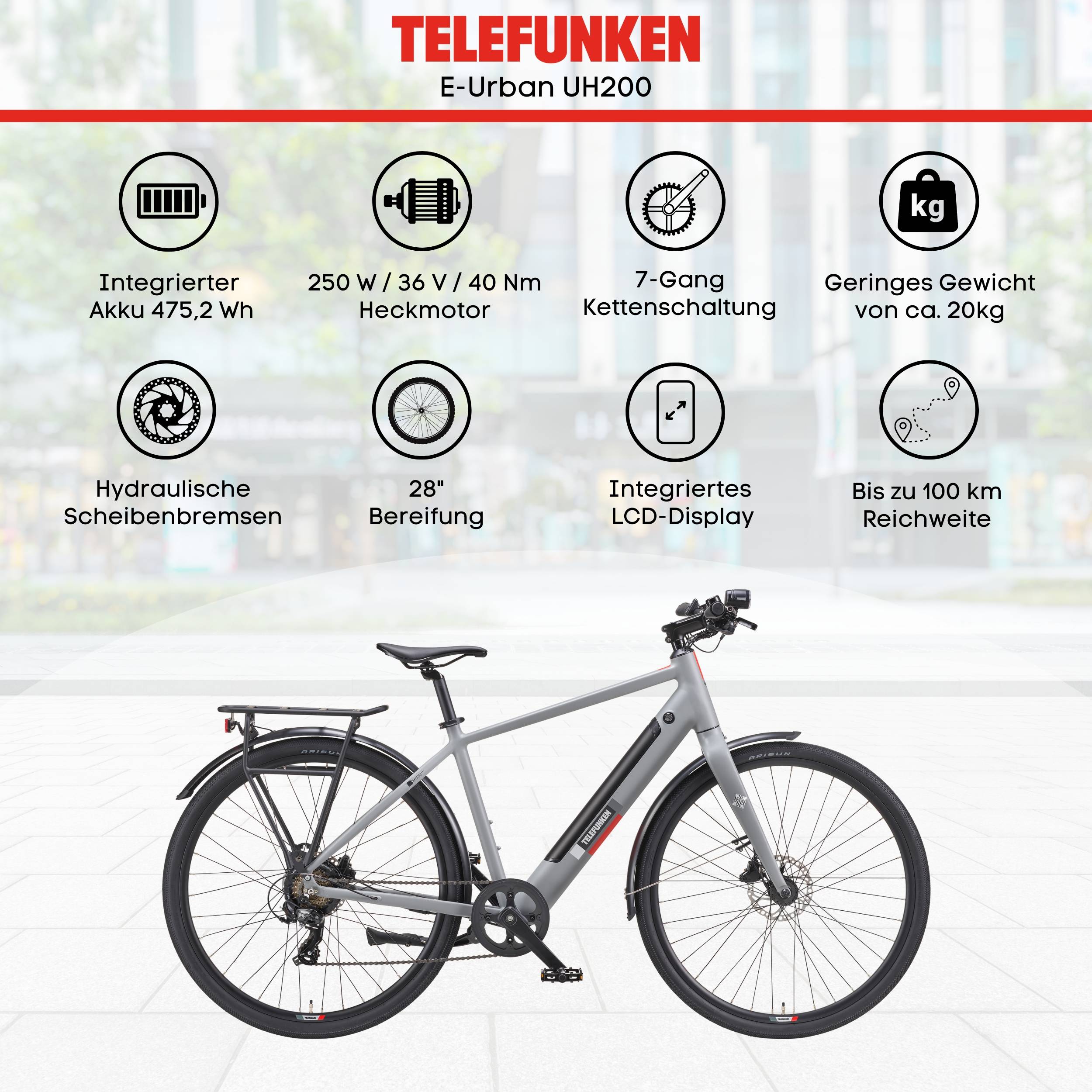 Telefunken Urban E-Bike Herren UH200 28 Zoll Hinterradmotor 7-Gang Kettenschaltung