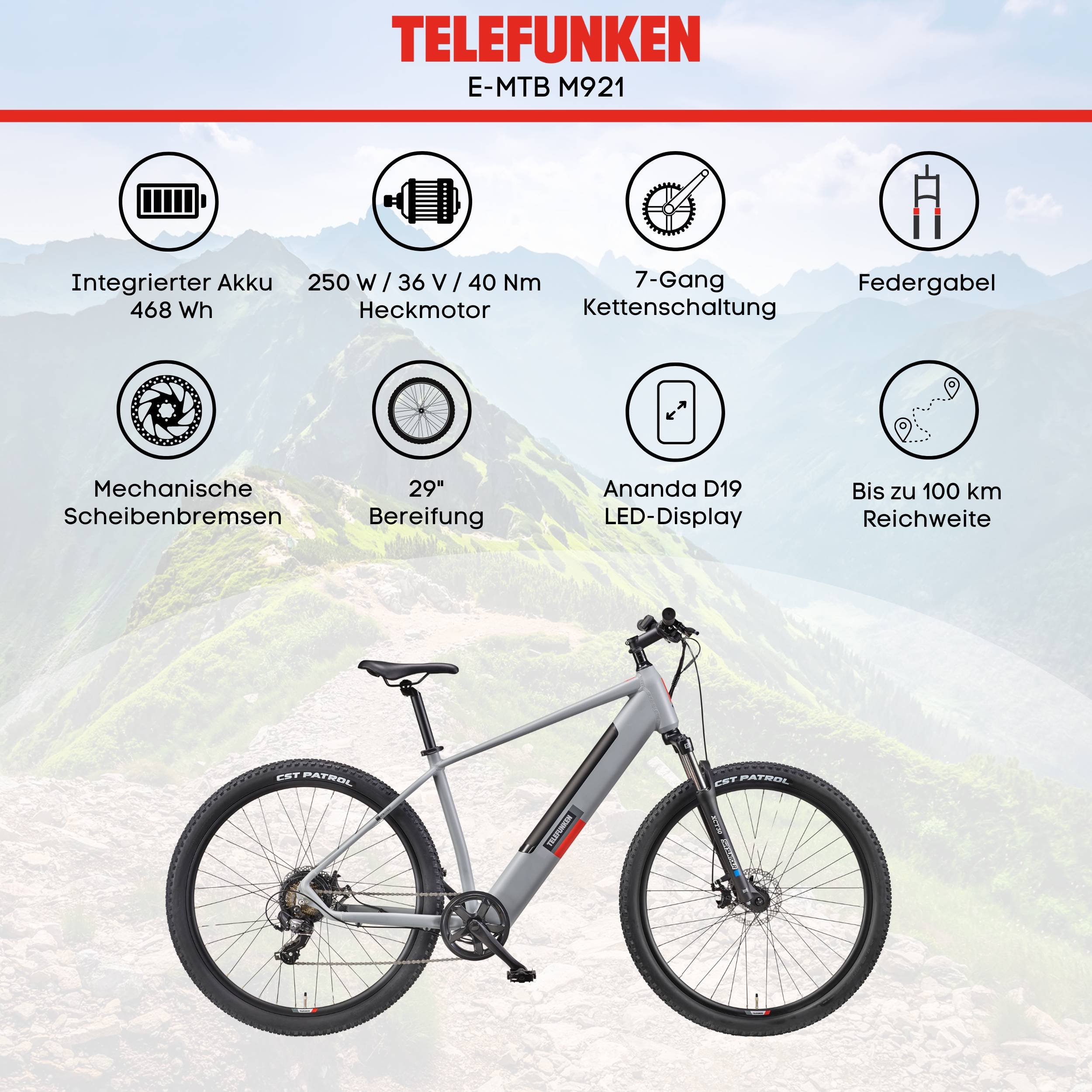 Telefunken MTB E-Bike Mountainbike | Elektrofahrrad 29 Zoll | Kettenschaltung | Heckmotor | 468 Wh Akku | EBike Pedelec