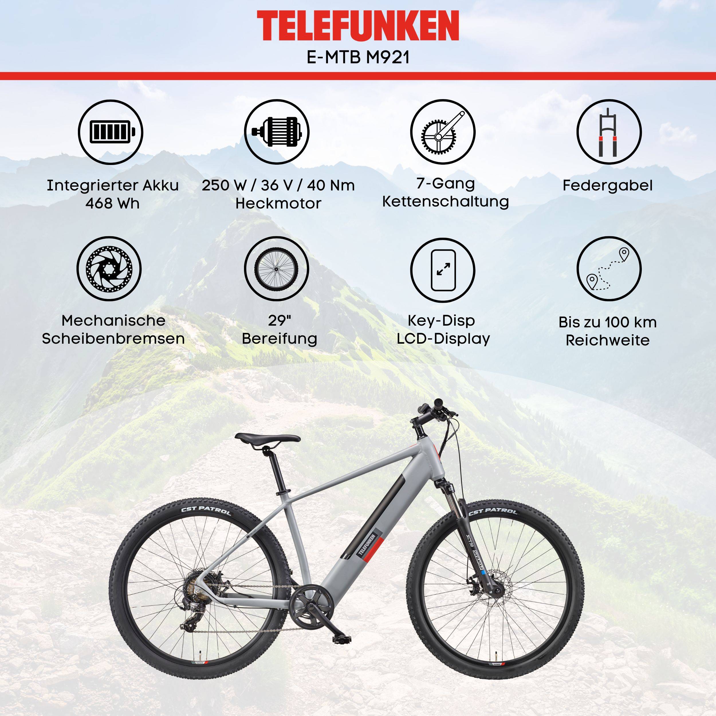 Telefunken MTB E-Bike Mountainbike | Elektrofahrrad 29 Zoll | Kettenschaltung | Heckmotor | 468 Wh Akku | EBike Pedelec