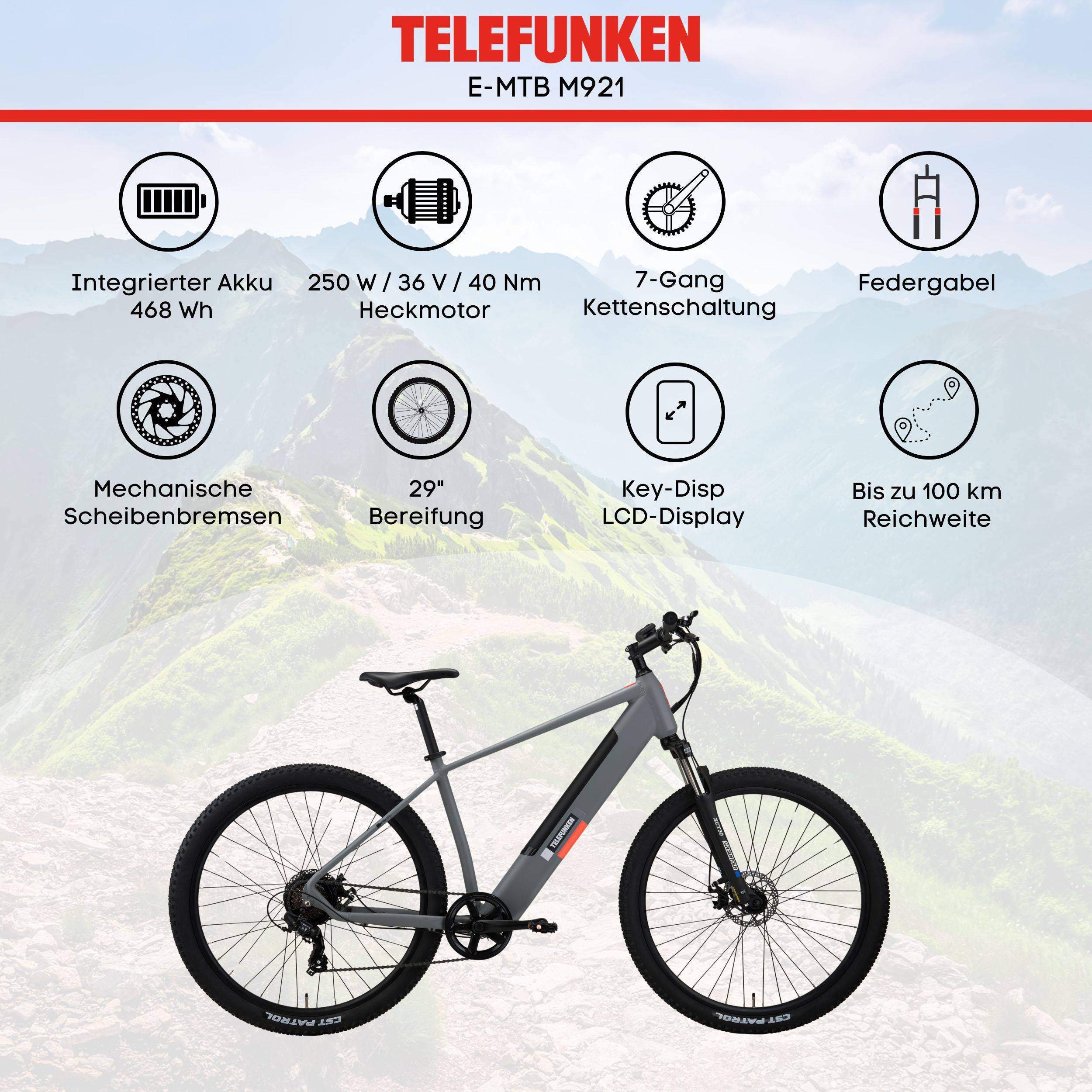 Telefunken MTB E-Bike Mountainbike | Elektrofahrrad 29 Zoll | Kettenschaltung | Heckmotor | 468 Wh Akku | EBike Pedelec