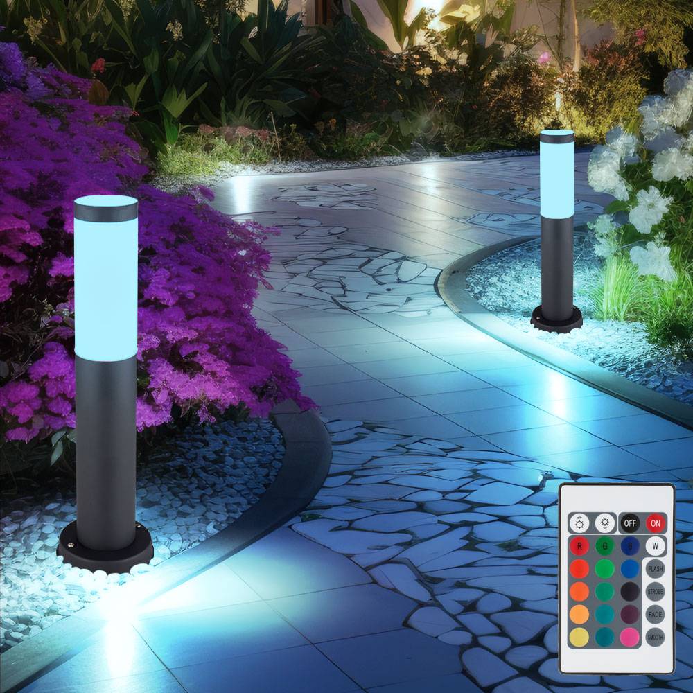 LED Außenstehlampe Sockelleuchte Gartenlampe dimmbar mit Fernbedienung, RGB Farbwechsel, Edelstahl anthrazit, 8,5W 806lm warmweiß, DxH 7,6x45 cm,2e