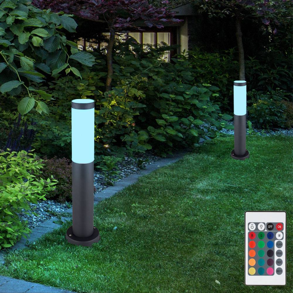 LED Außenstehlampe Sockelleuchte Gartenlampe dimmbar mit Fernbedienung, RGB Farbwechsel, Edelstahl anthrazit, 8,5W 806lm warmweiß, DxH 7,6x45 cm,2e