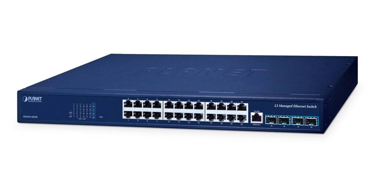 Blauer PLANET 24-Port verwalteter Ethernet-Switch, von vorne gezeigt, mit mehreren RJ45-Ports und einigen Uplink-Ports auf der rechten Seite.
