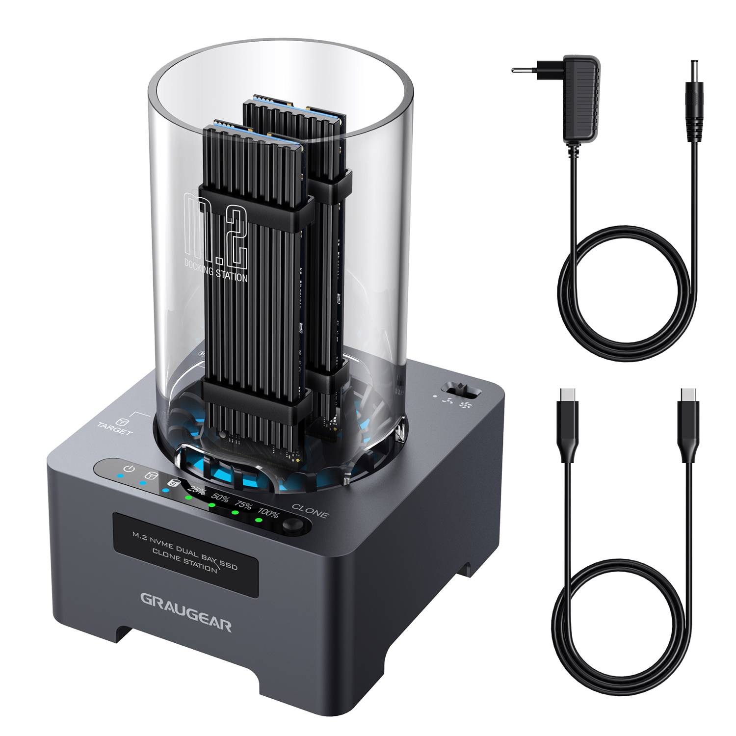 GRAUGEAR DM.2 Klone Station M.2 NVMe SSD mit Lüfter 20Gbit Multimedia-Technik Dockingstation
