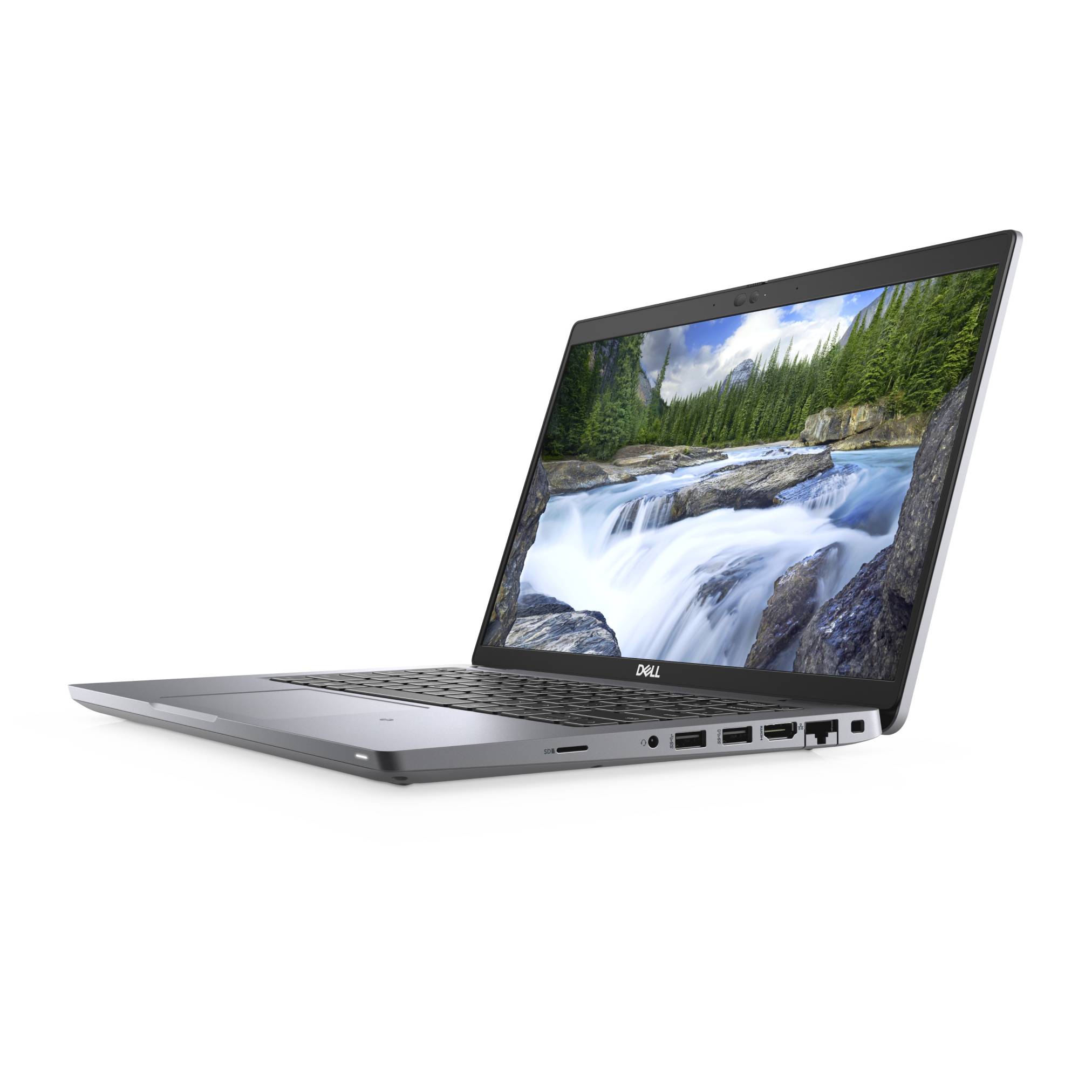 Silber-farbenes Dell-Laptop in einem Winkel geöffnet, auf dem Bildschirm eine Wasserfalllandschaft angezeigt.