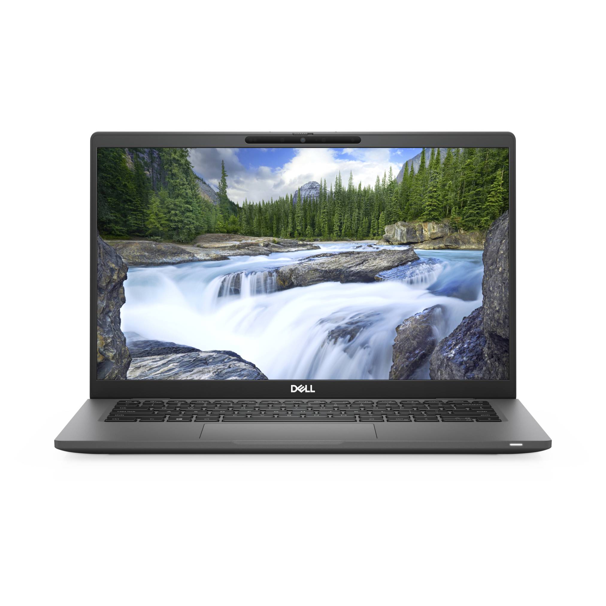 Ein Dell-Laptop mit einer malerischen Landschaft mit Wasserfall und Wald auf dem Bildschirm.
