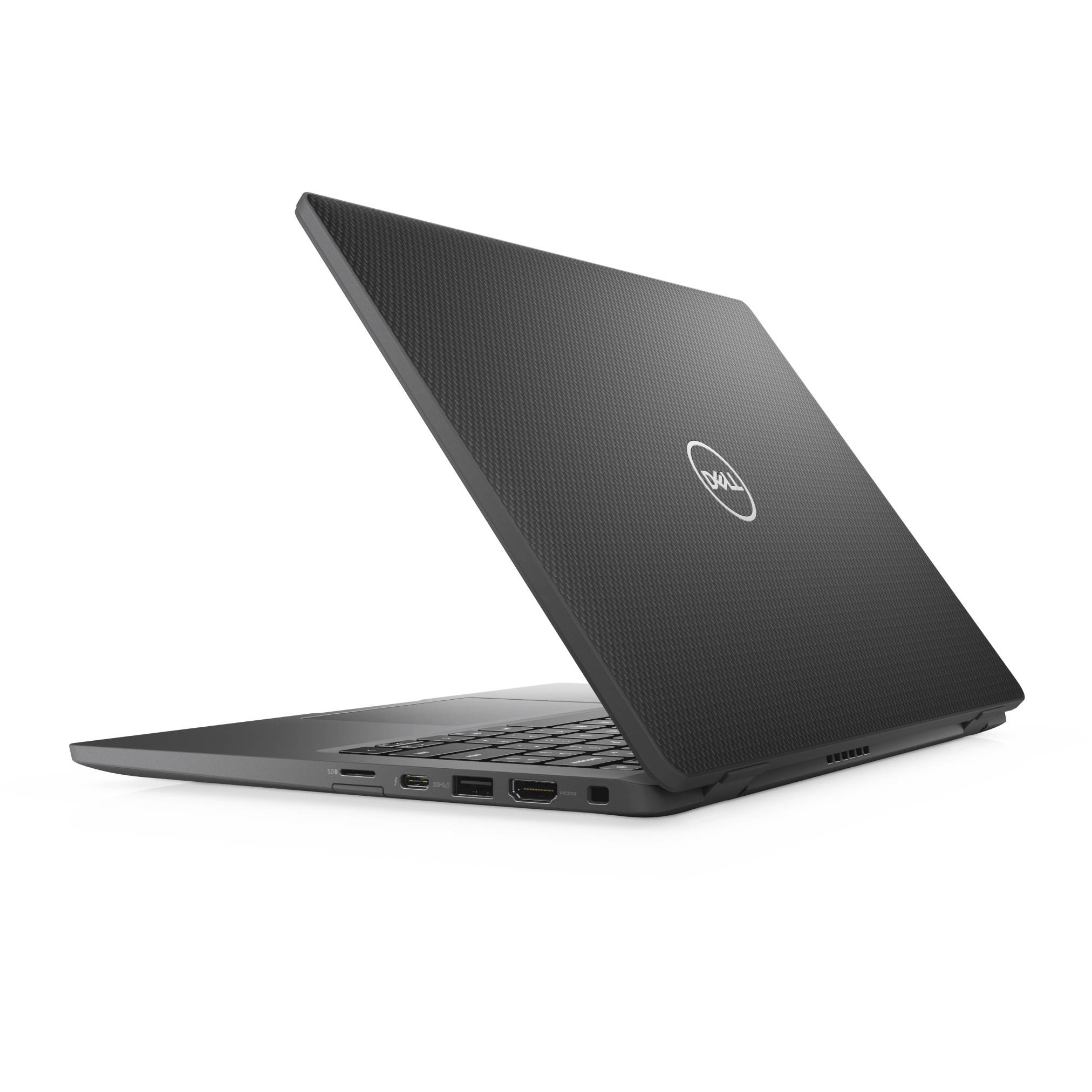 Schwarzer Dell-Laptop, teilweise geöffnet auf weißem Hintergrund, zeigt die Tastatur und seitliche Anschlüsse.